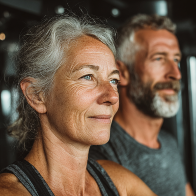 Възрастни хора правят фитнес упражнения в модерна фитнес зала